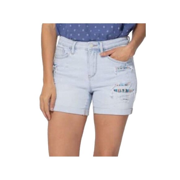 Judy Blue High-Rise Cuffed Printed Aztec Lining Cotton Summer Travel Sz L - Picture 3 of 12